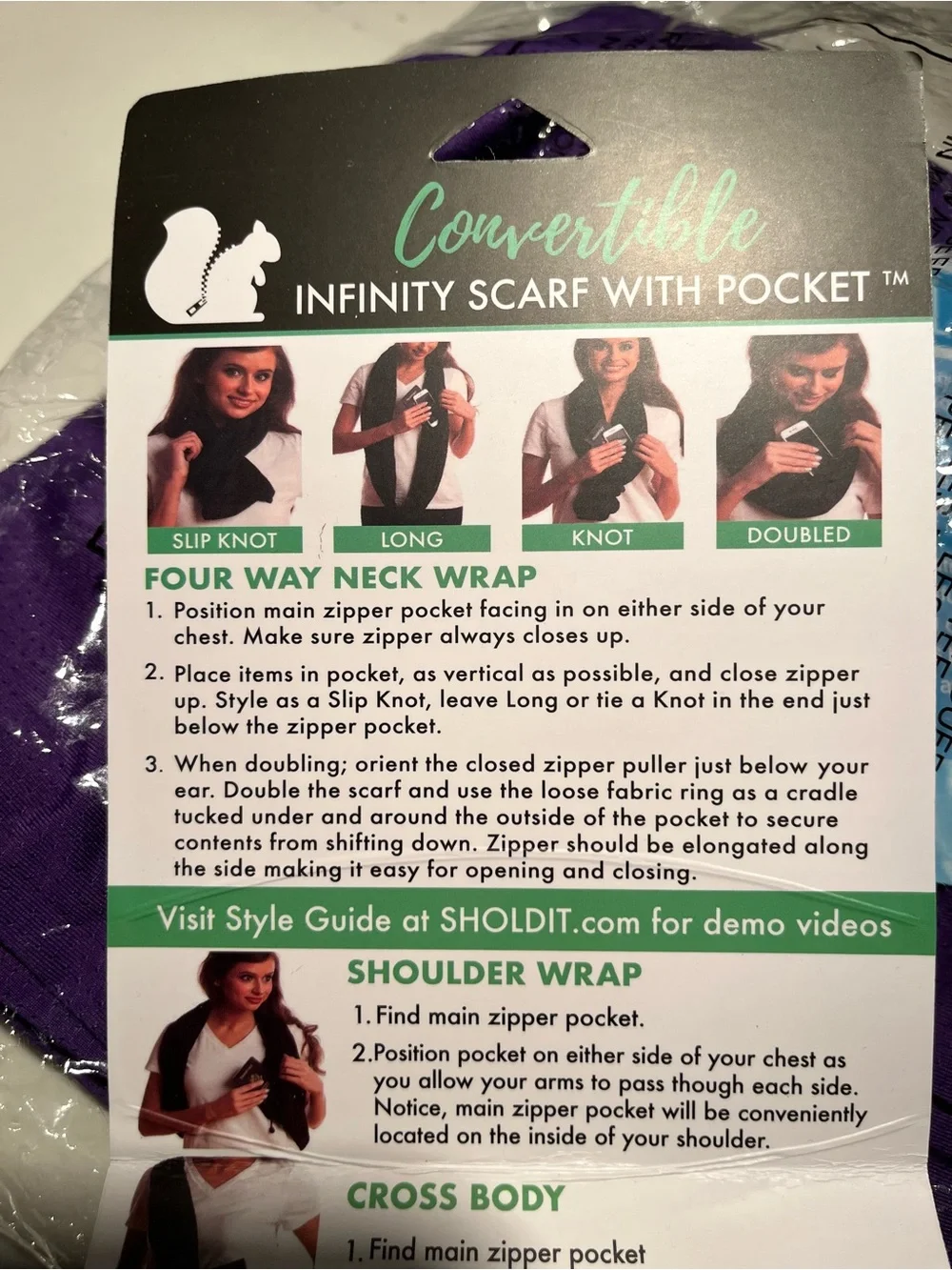 Nwt purple sholdit convertible infinity scarf with 10” long zippered pocket.